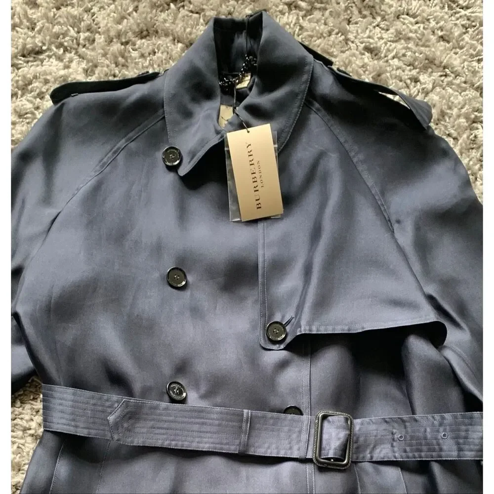 NEW NWT BURBERRY SILK Midnight Blue Trench Coat Jacket sz US 10 $3350 - Picture 10 of 14